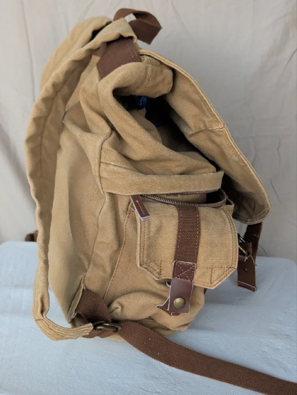 Durable Tan Canvas Backpack with Brown Trim Hiking Camping Outdoor Activities